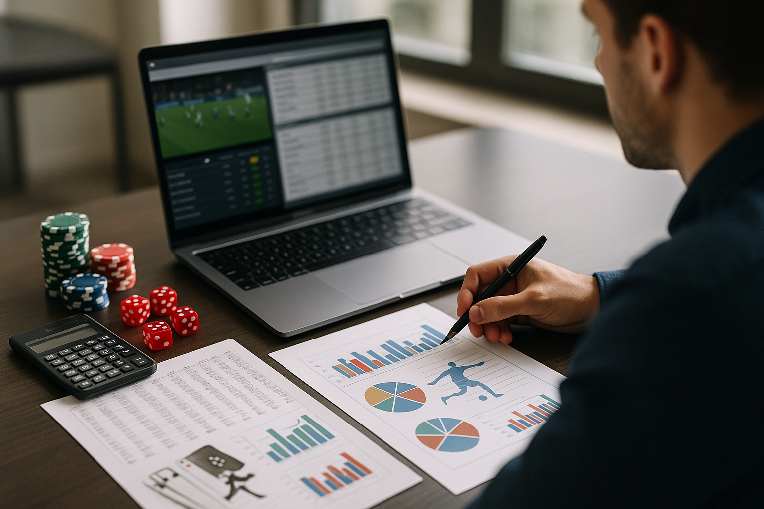 Analisi statistica applicata alle scommesse sportive con dati e grafici su una scrivania