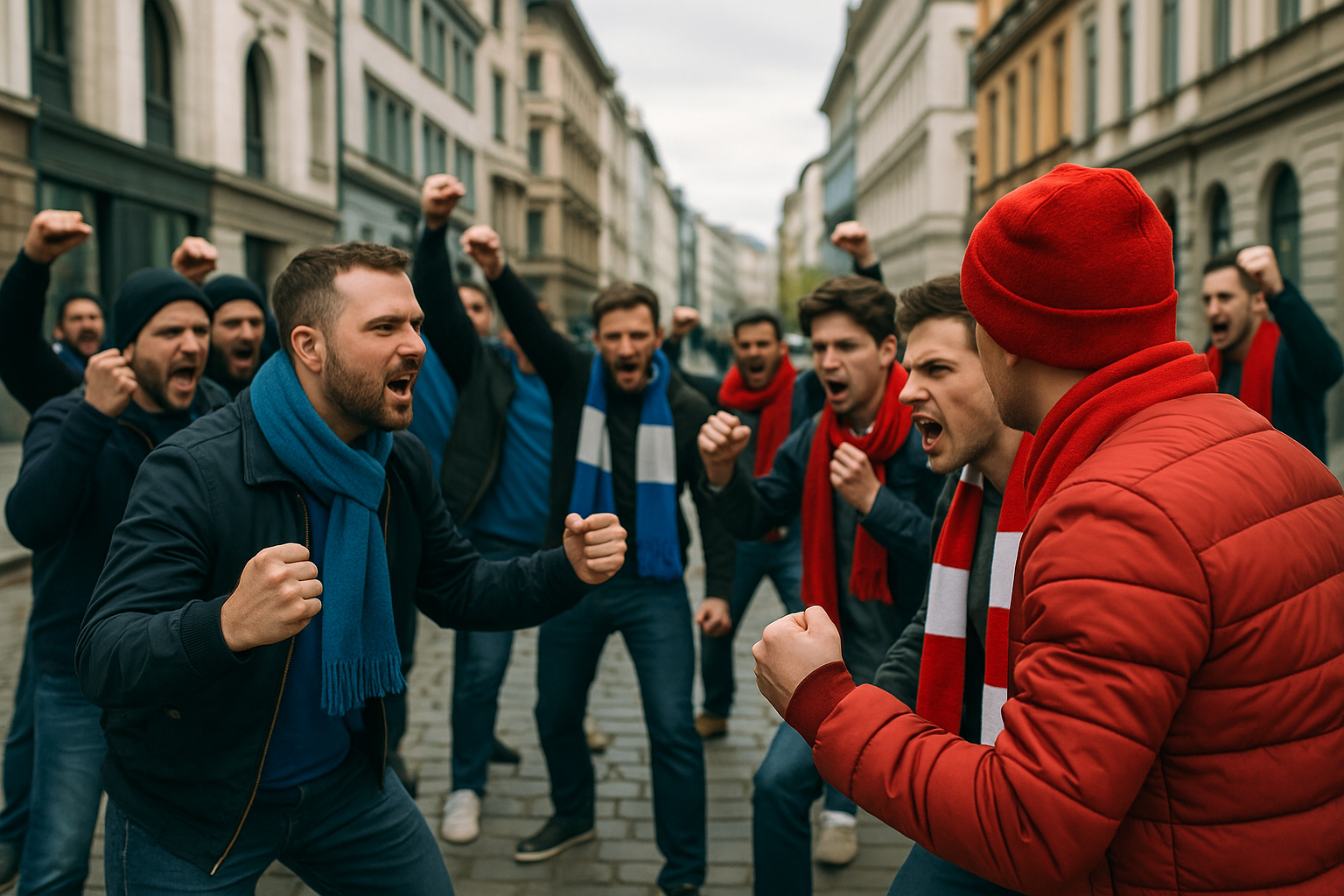 Atmosfera di rivalità cittadina prima di un derby con tifosi contrapposti
