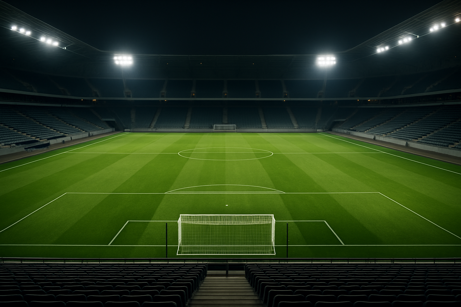 Campo sportivo illuminato di sera visto dall’alto, linee di gioco ben visibili