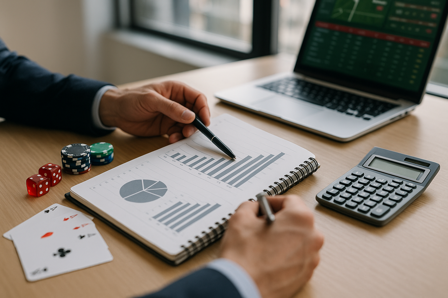 Analisi di statistiche sportive con grafici e calcolatrice su una scrivania