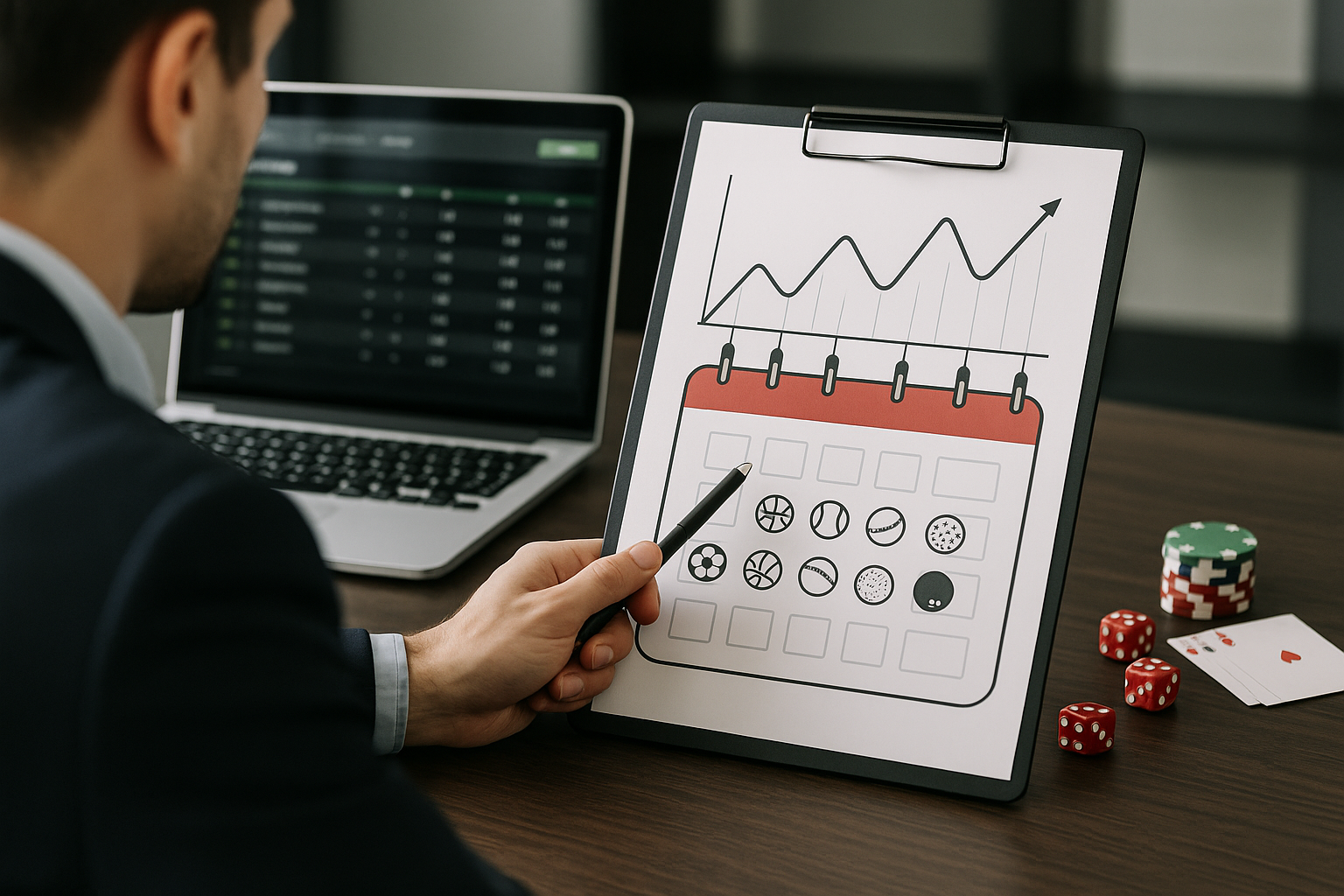 Calendario sportivo con icone di discipline e grafico che indica i picchi di attività nei mercati di scommesse