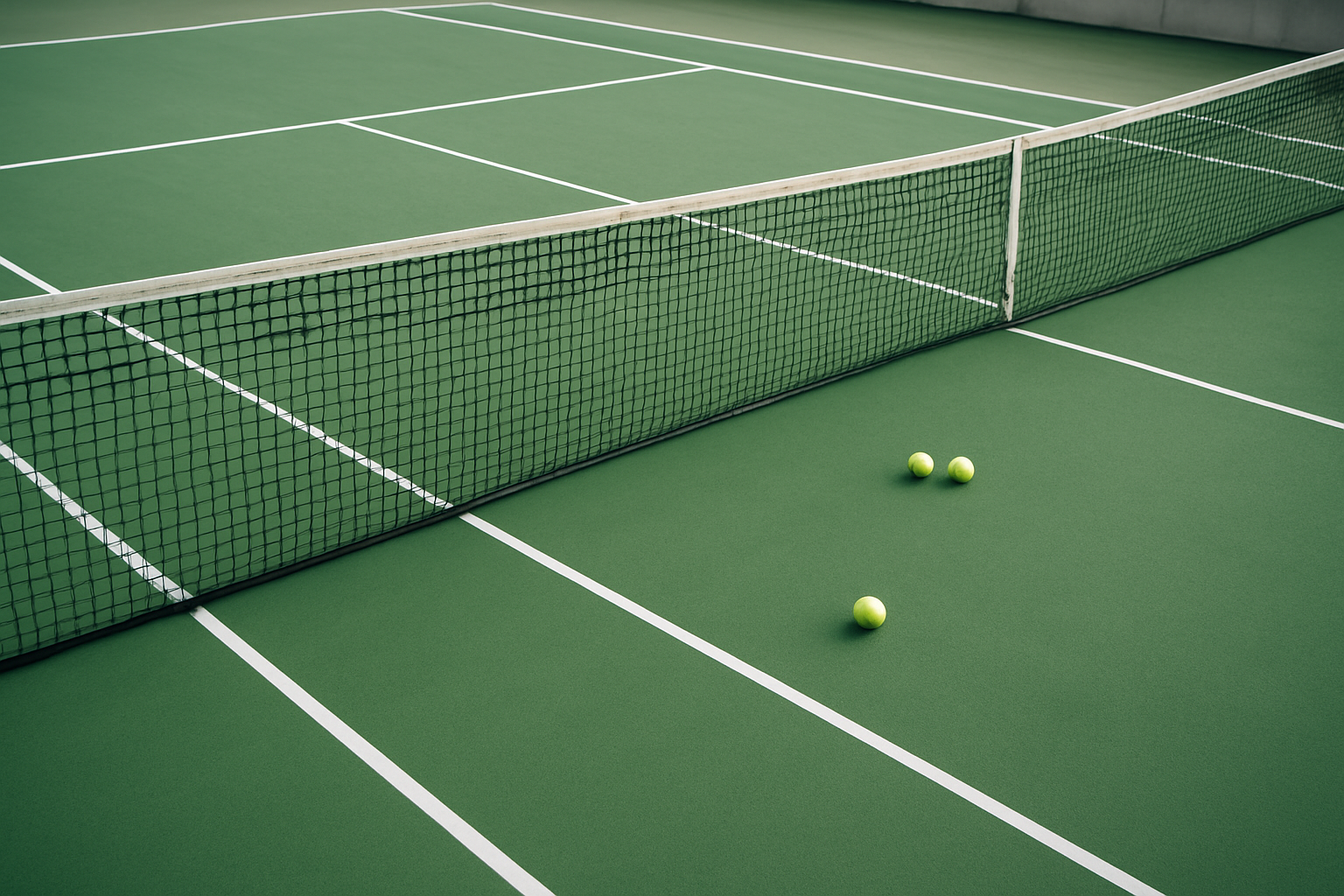 Campo da tennis con linee di gioco e palline vicino alla rete