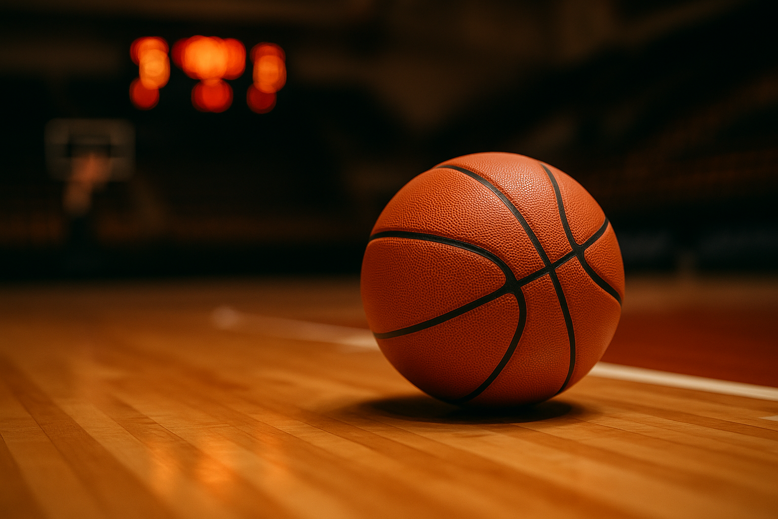 Pallone da basket su parquet con tabellone segnapunti sfocato sullo sfondo