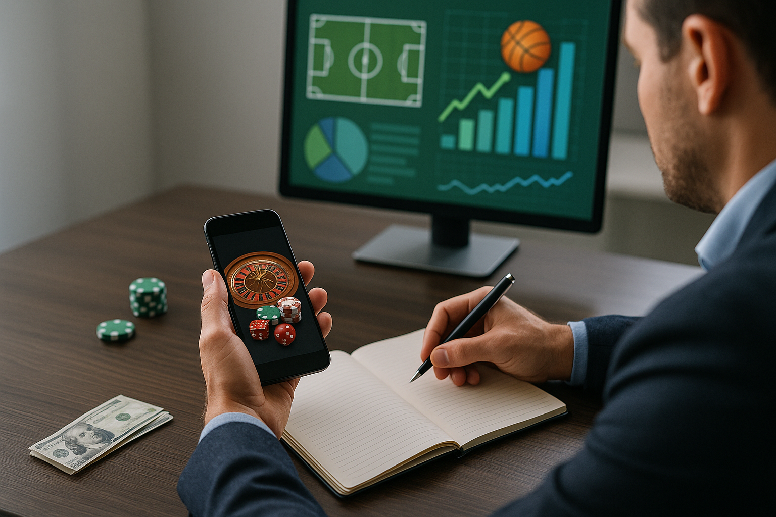 Analisi di dati sportivi e quote su una scrivania in ambiente professionale