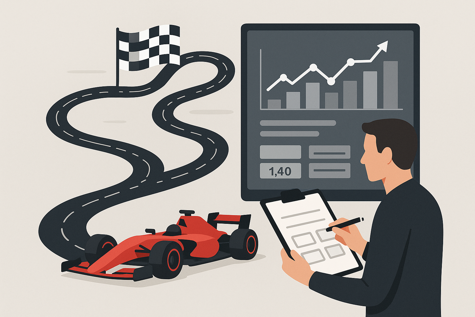 Illustrazione stilizzata di una pista di motorsport con elementi grafici che richiamano l’analisi delle quote