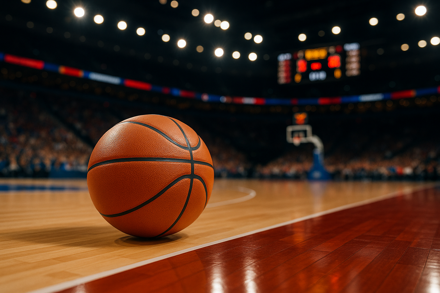 Pallone da basket su parquet con segnapunti sullo sfondo durante un torneo internazionale
