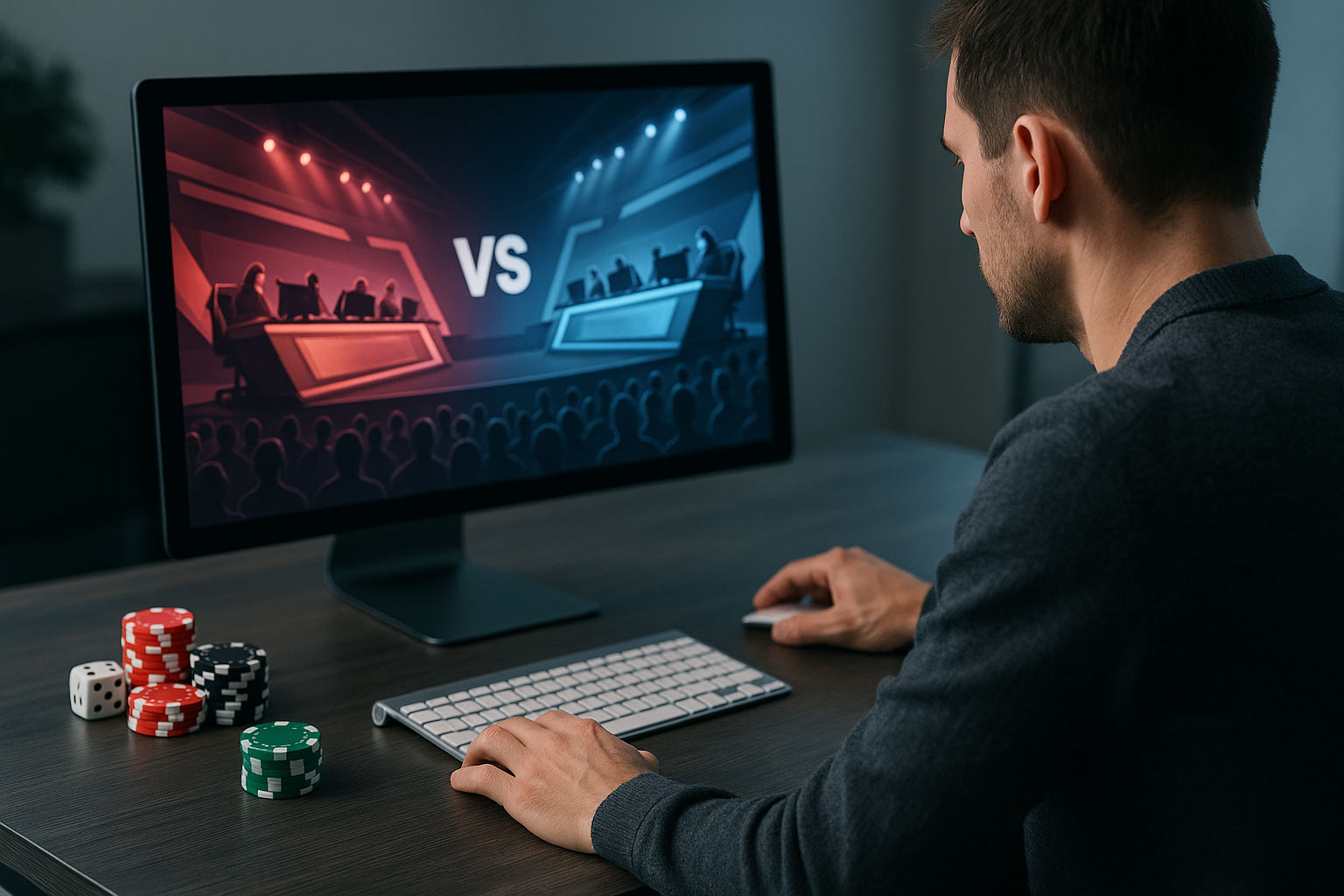 Panoramica di una postazione gaming professionale con elementi che richiamano un torneo eSport