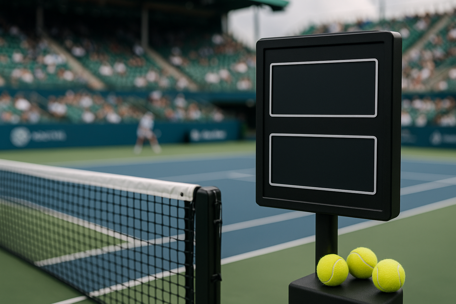 Campo da tennis durante un torneo internazionale con segnapunti e palline