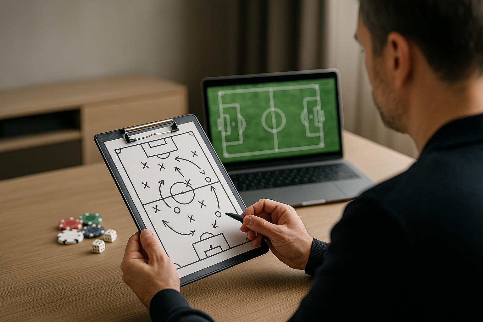 Lavagna tattica con schemi di gioco su sfondo di campo da calcio