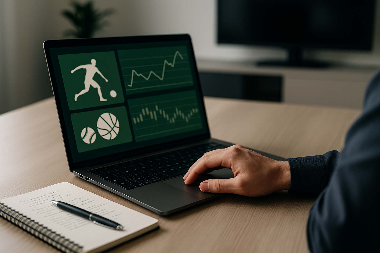 Laptop con grafici astratti e taccuino su una scrivania, simbolo dell'analisi nel betting online