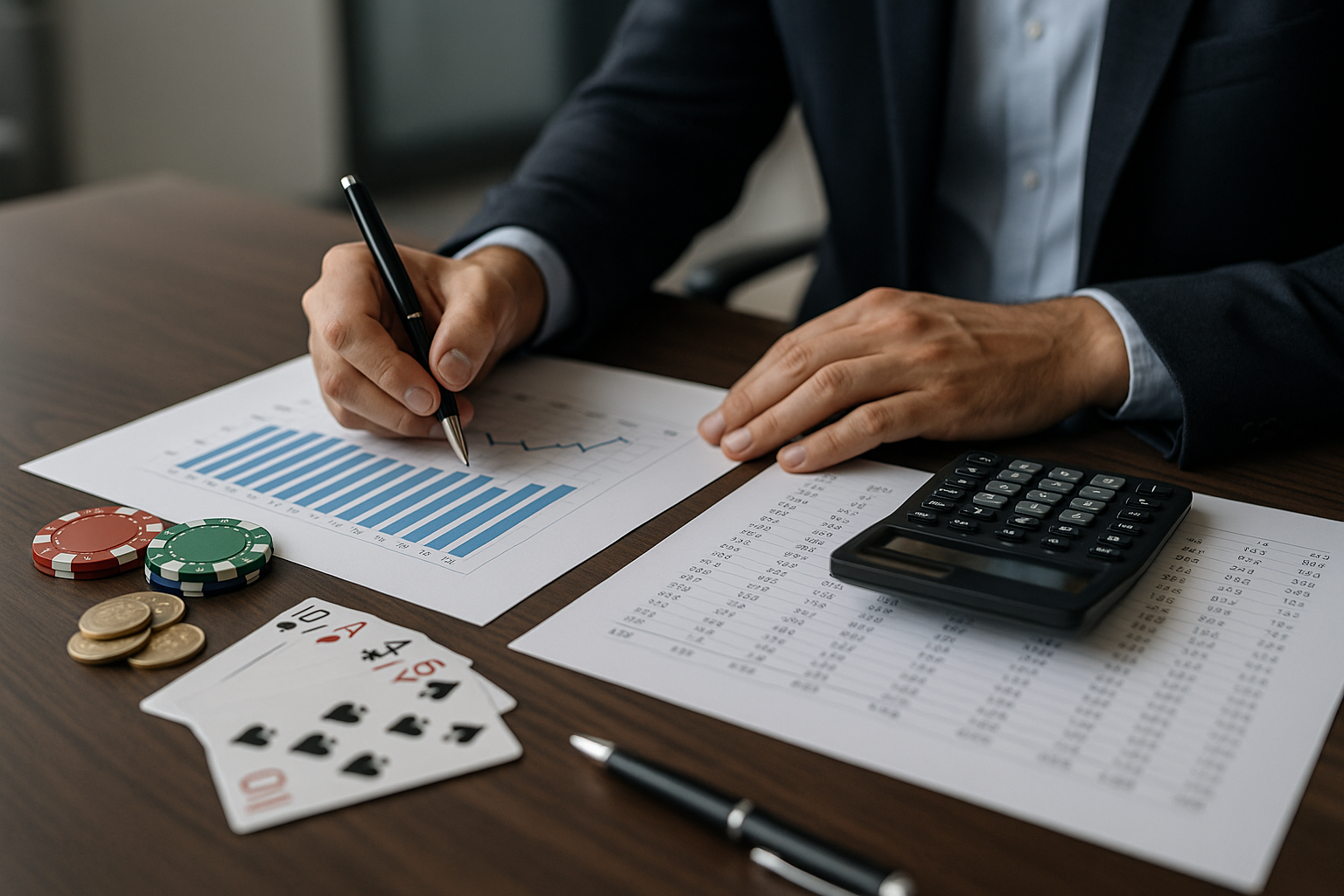 Analisi di dati e statistiche applicate al betting con grafici e calcoli su una scrivania