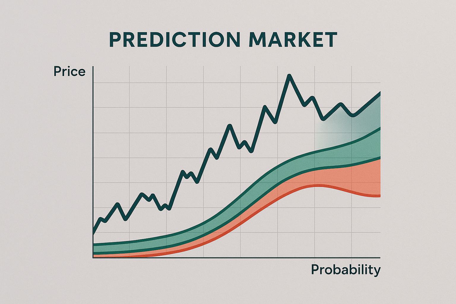Grafico astratto che rappresenta un mercato di previsione con andamento dei prezzi e probabilità implicite
