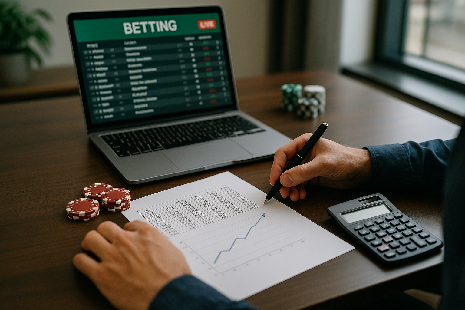 Calcolatrice e appunti con calcoli di probabilità e gestione del bankroll per scommesse