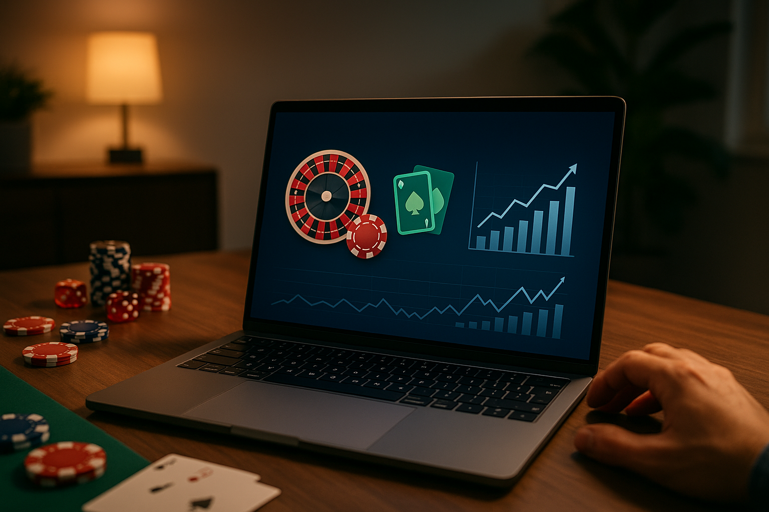 Laptop su scrivania con grafici astratti che richiamano probabilità e gestione del budget nel casinò online