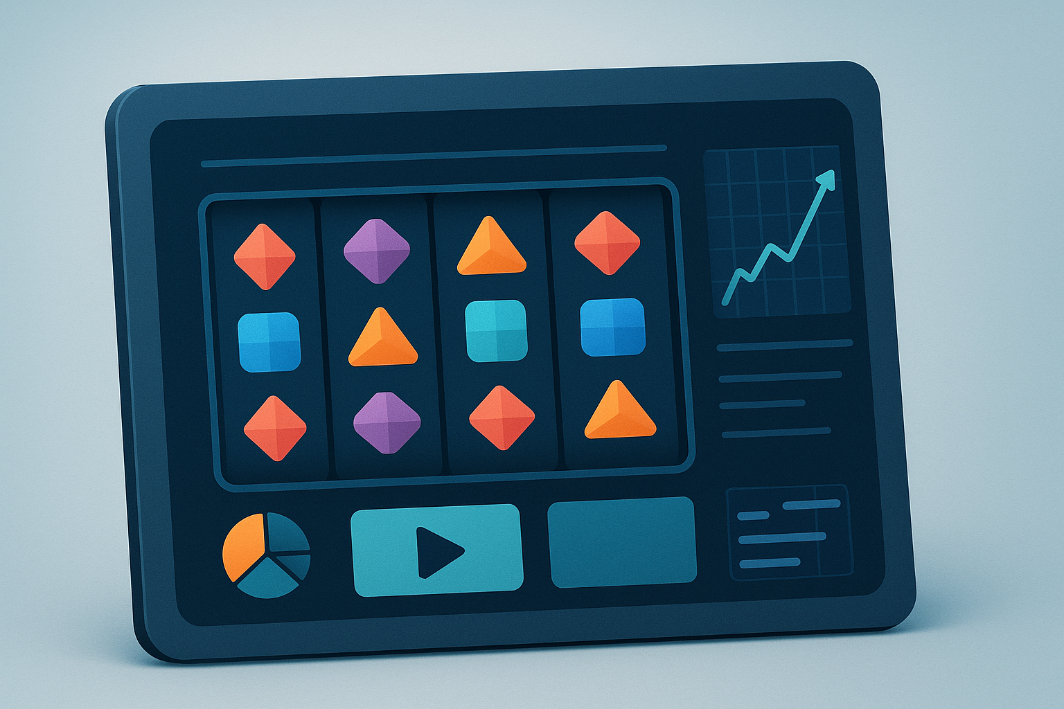 Schema astratto di slot digitale con rulli stilizzati e grafico della volatilità