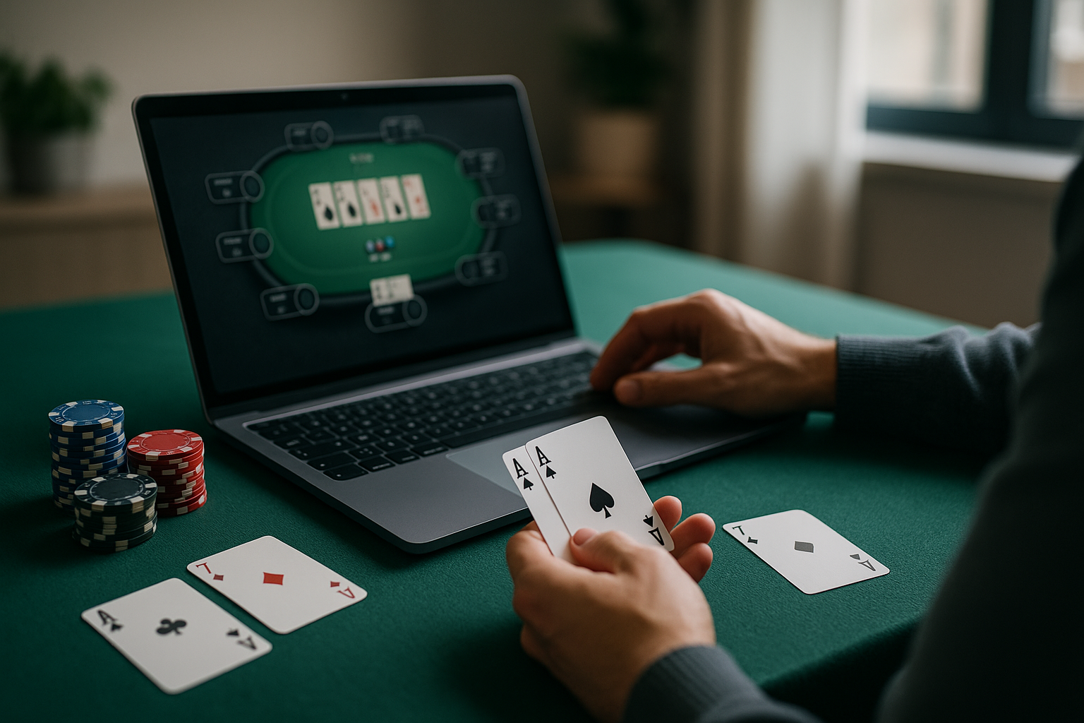 Laptop su tavolo verde con fiches e carte, scena di poker online senza loghi
