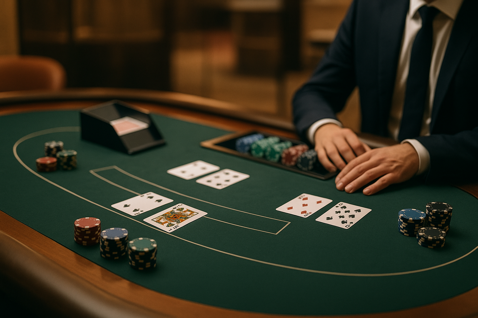 Tavolo da blackjack con carte e fiches in un ambiente da casino
