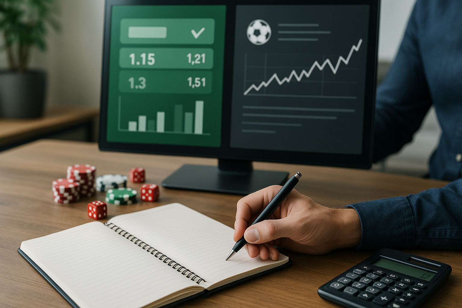 Taccuino e calcolatrice su scrivania con grafici astratti che rappresentano quote e probabilità nel betting sportivo