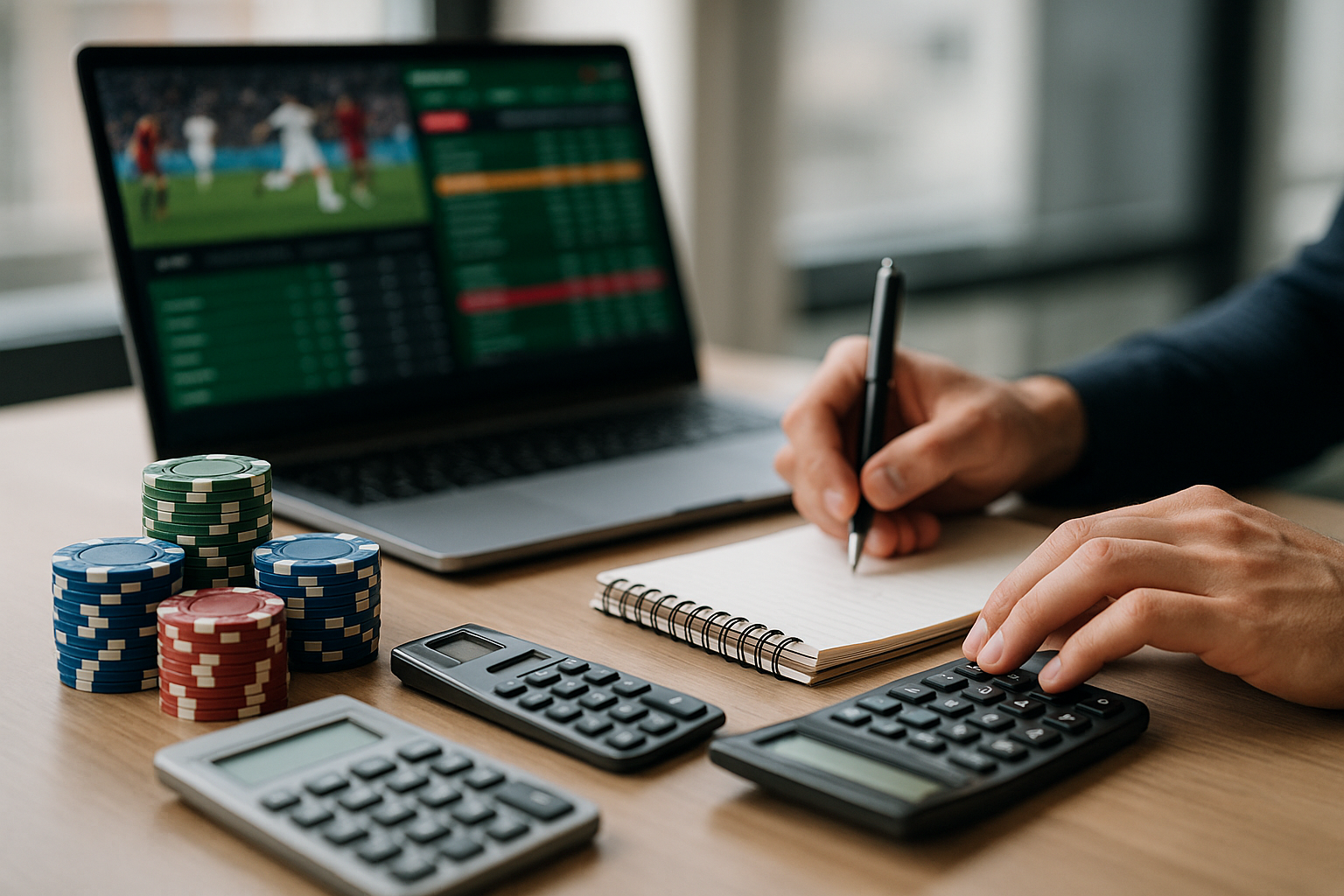 Taccuino e calcolatrice usati per gestire il bankroll nel betting