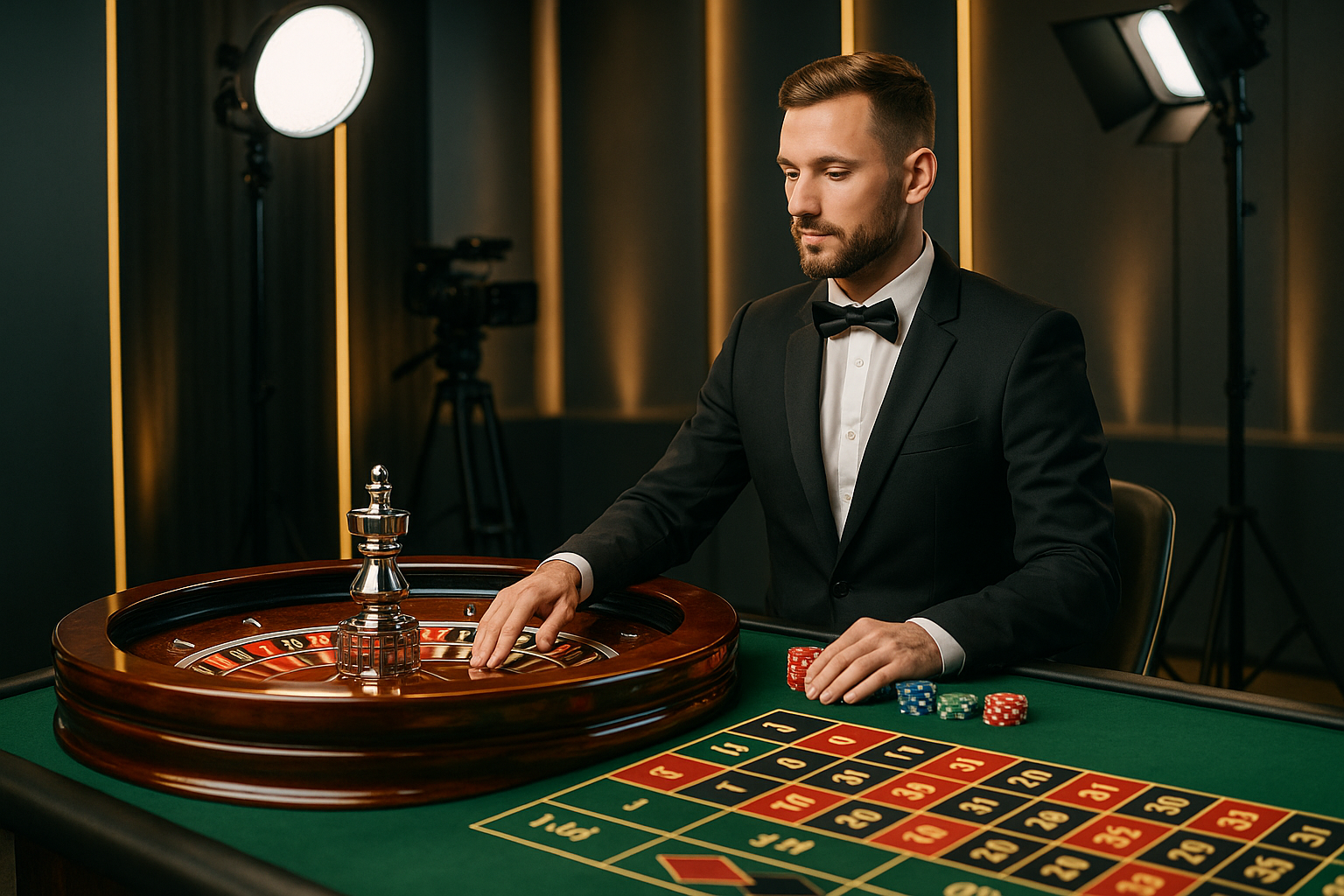 Studio di casino live con tavolo da roulette e croupier ripreso da telecamere