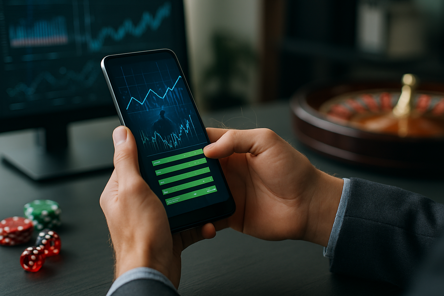 Smartphone con grafici e flussi di dati che rappresentano la tecnologia applicata al betting