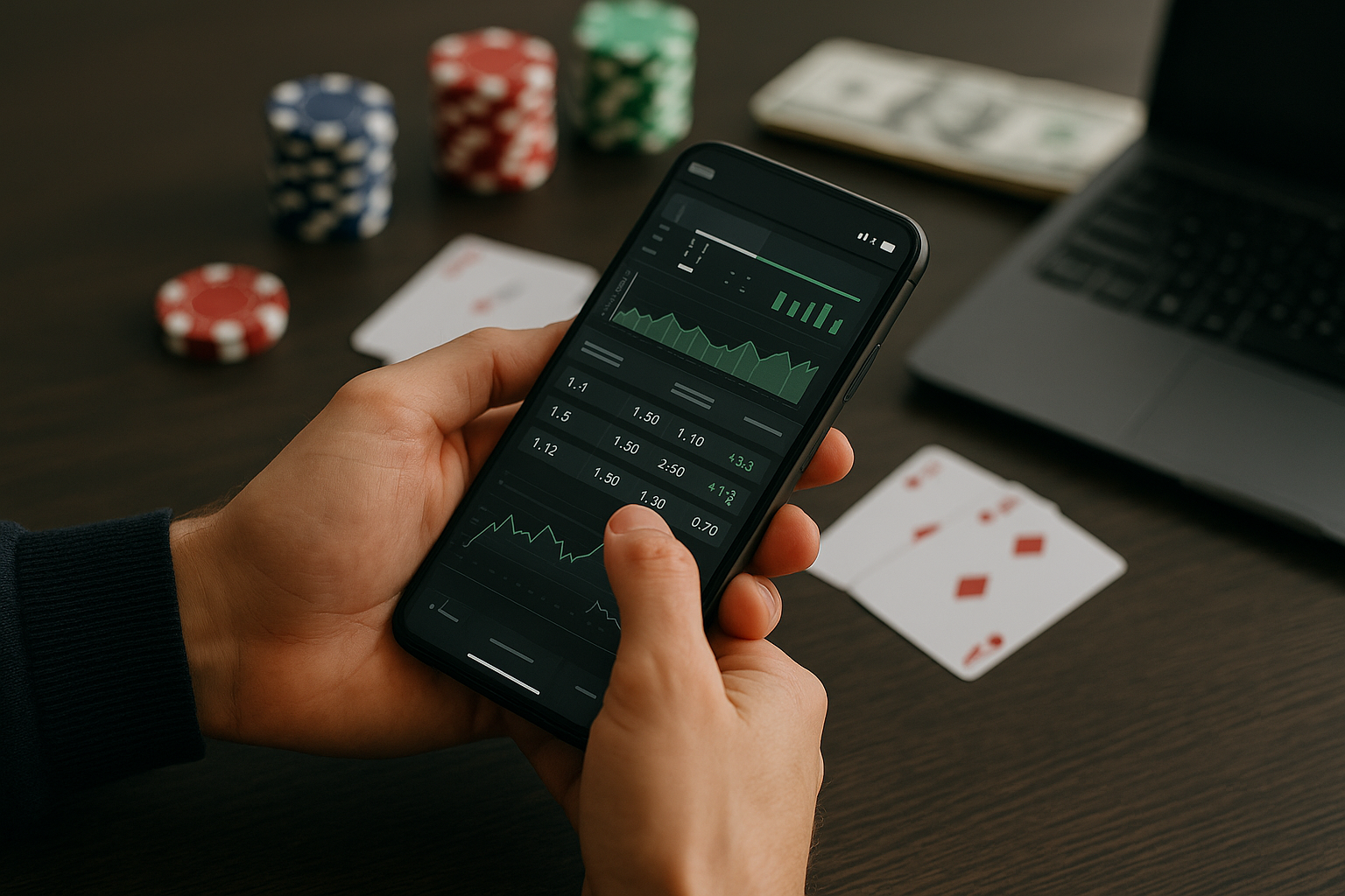 Utente che consulta statistiche sportive e quote da smartphone in un contesto neutro