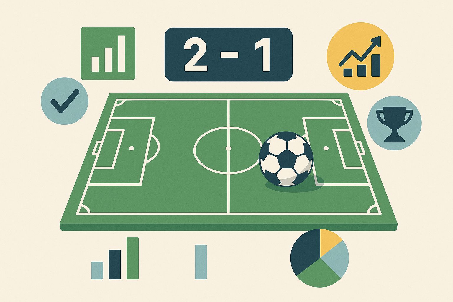 Campo da calcio stilizzato con tabellone segnapunti e simboli statistici sulle scommesse