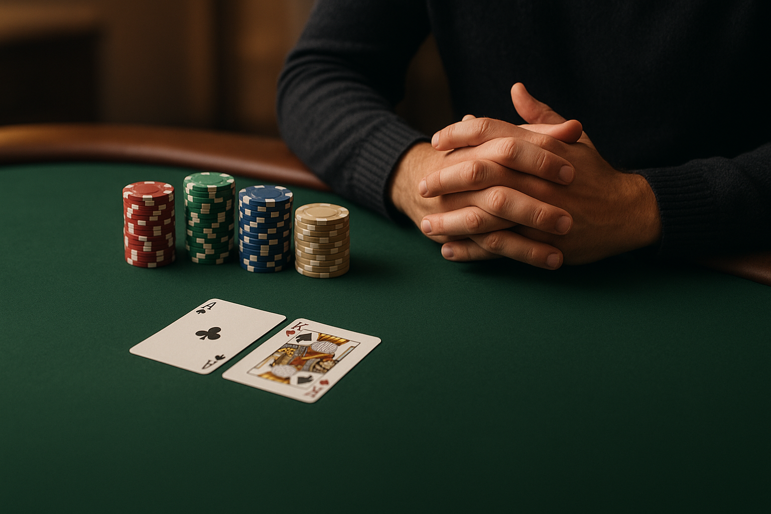 Fiches ordinate su un tavolo da poker e gesto di pausa prima di prendere una decisione, simbolo di disciplina e controllo emotivo
