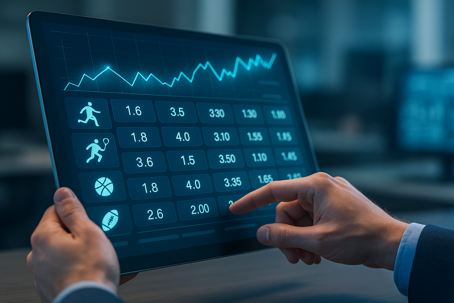 Grafica astratta sul betting digitale con quote e simboli di sport simulati