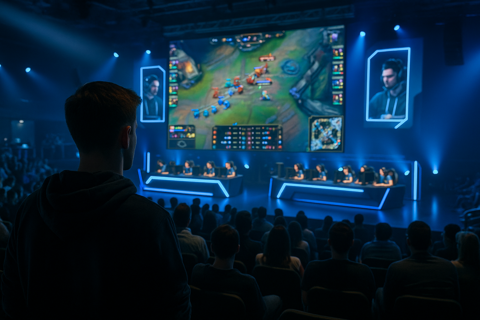 Pubblico che segue una competizione esport su grandi schermi in un’arena digitale