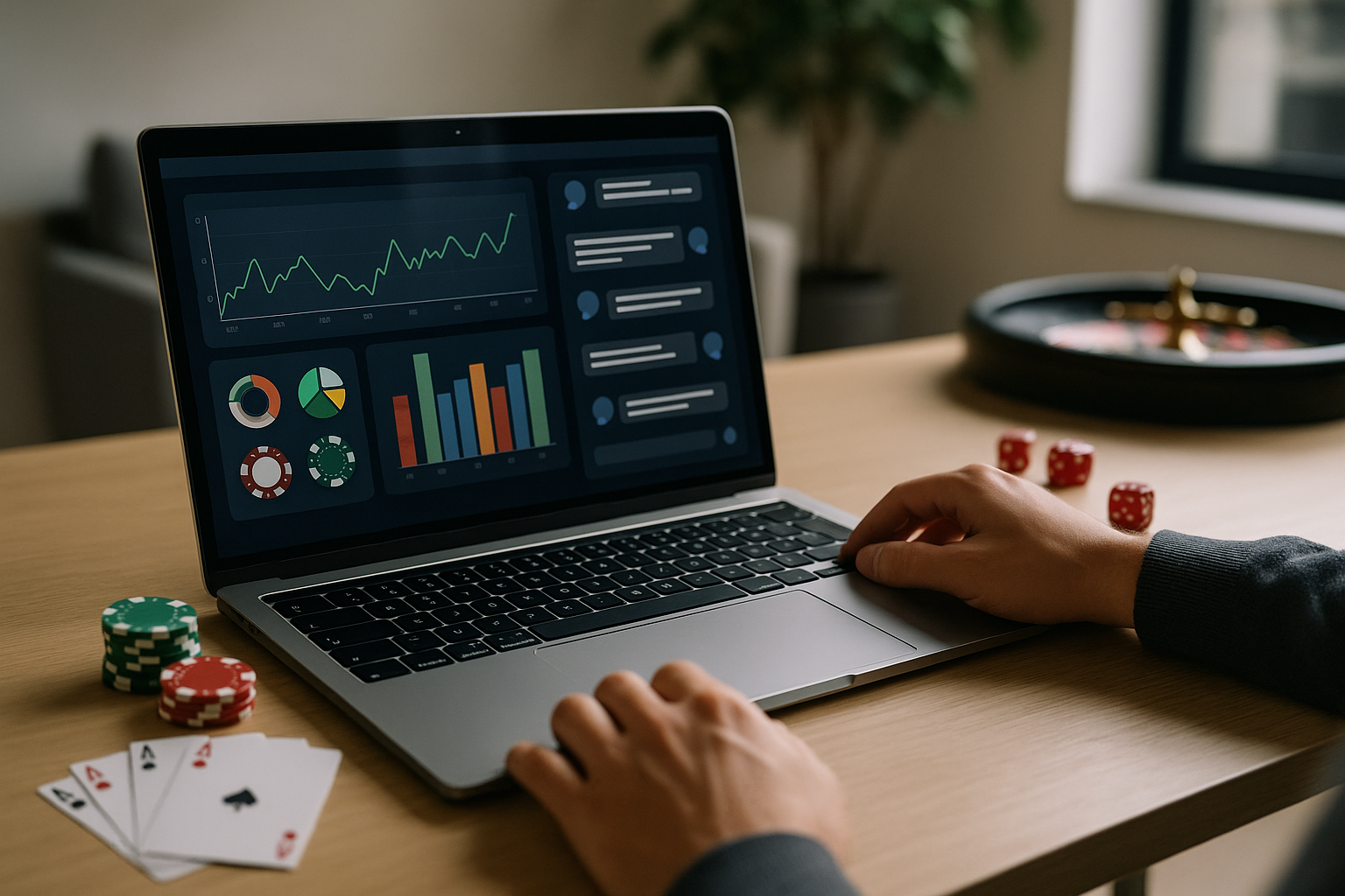 Laptop con grafici statistici e finestra di chat che rappresentano il confronto nelle community di betting