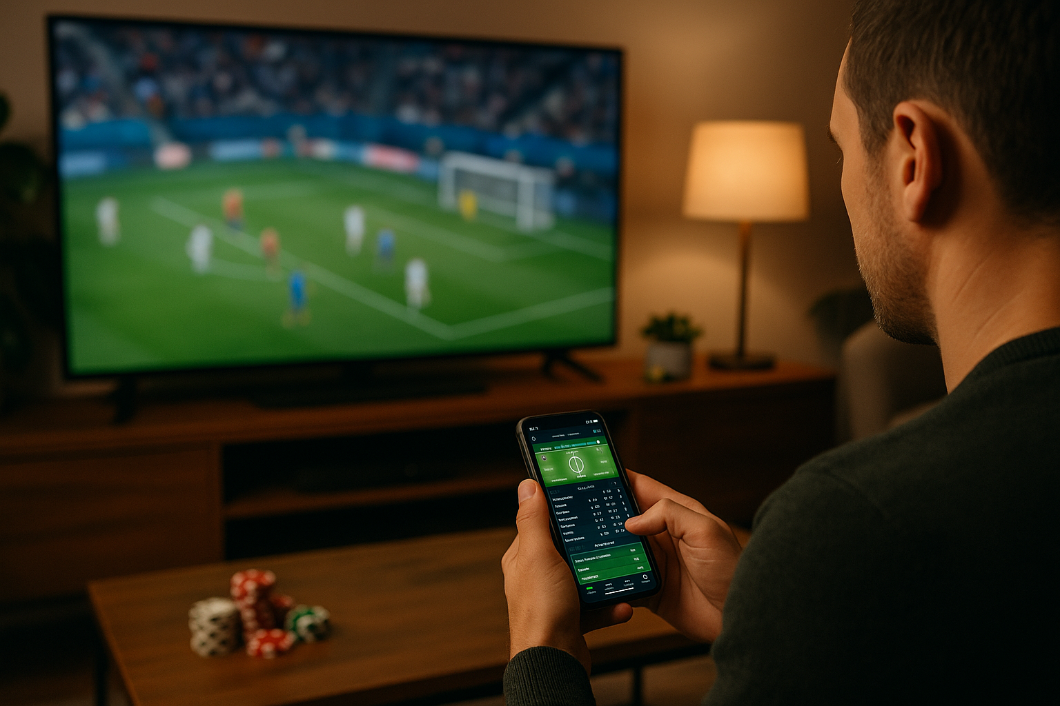 Persona che segue un evento sportivo in TV controllando statistiche sullo smartphone in un salotto serale